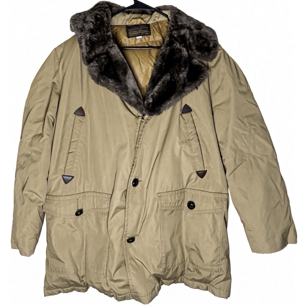 Vintage Eddie Bauer Mens Khaki Brown Goose Down Parka Fur Trim Hood Size Large